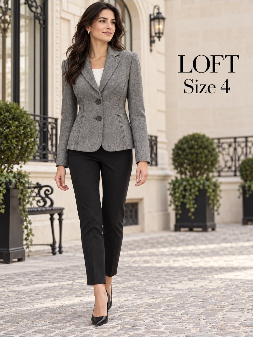 LOFT Wool Herringbone Tailored Blazer Jacket Gray Size 4